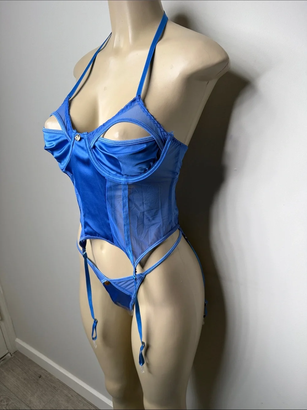 PrettyLittleThing Electric Blue Satin Cut-Out Bustier & Thong Set